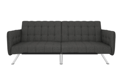 This futon sleeper is made with a gray linen upholstery, embellished with button-tufted details gracing the back/seat cushions and sheltering armrests. Offering a look of modern luxury, it features sleek chrome-tone legs that tie the whole look together. With a split-back design, this futon easily adjusts into three distinct positions: seating, lounging or sleeping. When you have an overnight guest, lower the backrest with just one push or pull. No guest bedroom? No problem.Sturdy wood frame | Gray linen upholstery | Foam cushions | Chrome-tone tapered legs | Holds up to 600 pounds | Assembly required