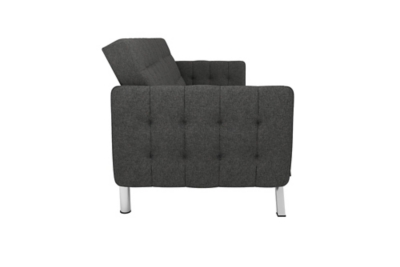 This futon sleeper is made with a gray linen upholstery, embellished with button-tufted details gracing the back/seat cushions and sheltering armrests. Offering a look of modern luxury, it features sleek chrome-tone legs that tie the whole look together. With a split-back design, this futon easily adjusts into three distinct positions: seating, lounging or sleeping. When you have an overnight guest, lower the backrest with just one push or pull. No guest bedroom? No problem.Sturdy wood frame | Gray linen upholstery | Foam cushions | Chrome-tone tapered legs | Holds up to 600 pounds | Assembly required