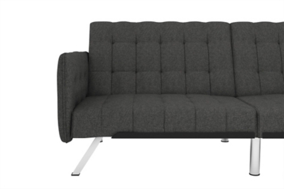 This futon sleeper is made with a gray linen upholstery, embellished with button-tufted details gracing the back/seat cushions and sheltering armrests. Offering a look of modern luxury, it features sleek chrome-tone legs that tie the whole look together. With a split-back design, this futon easily adjusts into three distinct positions: seating, lounging or sleeping. When you have an overnight guest, lower the backrest with just one push or pull. No guest bedroom? No problem.Sturdy wood frame | Gray linen upholstery | Foam cushions | Chrome-tone tapered legs | Holds up to 600 pounds | Assembly required