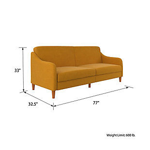 This futon is the optimal solution to small space living as it comes with style, comfort and functionality. The sublime minimalistic design is showcased through natural linen upholstery, gracefully wing-shaped armrests and tapered wood legs for added warmth. The thick encased coil and foam cushions provide supreme comfort for long hours of relaxation. Cleverly designed to accommodate multiple positions by simply lowering the back cushion to lounging or sleeping, now you can enjoy this masterpiece anytime throughout the day.Sturdy wood frame | Mustard linen upholstery | Foam cushions with ultra-supportive, pocketed coils | Rounded wood legs | Holds up to 600 pounds | Assembly required