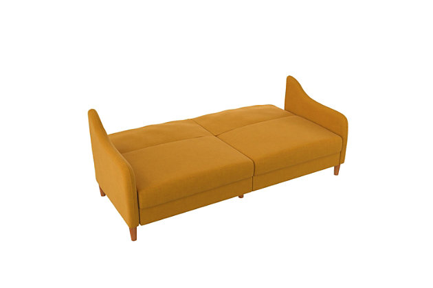 This futon is the optimal solution to small space living as it comes with style, comfort and functionality. The sublime minimalistic design is showcased through natural linen upholstery, gracefully wing-shaped armrests and tapered wood legs for added warmth. The thick encased coil and foam cushions provide supreme comfort for long hours of relaxation. Cleverly designed to accommodate multiple positions by simply lowering the back cushion to lounging or sleeping, now you can enjoy this masterpiece anytime throughout the day.Sturdy wood frame | Mustard linen upholstery | Foam cushions with ultra-supportive, pocketed coils | Rounded wood legs | Holds up to 600 pounds | Assembly required