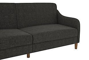 Offering style, comfort and functionality, this futon is the optimal solution to small space living. The sublime minimalistic design is showcased through natural linen upholstery, gracefully wing-shaped armrests and tapered wood legs for added warmth. The thick encased coil and foam cushions provide supreme comfort for long hours of relaxation. Designed to accommodate multiple positions, this futon easily coverts from a lounger to sleeper, so you can enjoy this masterpiece anytime day or night.Sturdy wood frame | Dark gray linen upholstery | Foam cushions with ultra-supportive, pocketed coils | Rounded wood legs | Holds up to 600 pounds | Assembly required