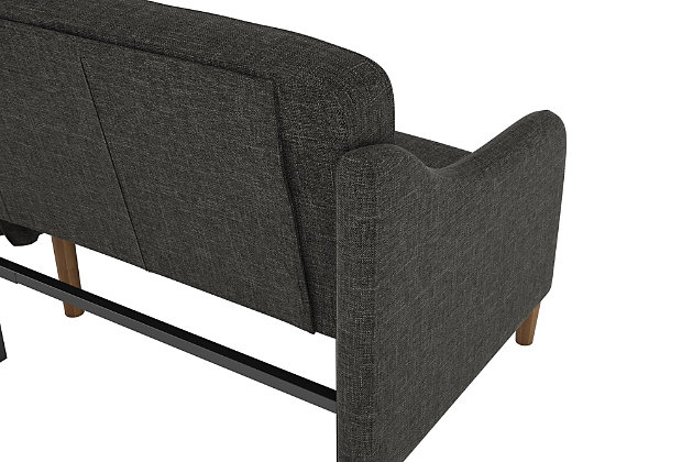 Offering style, comfort and functionality, this futon is the optimal solution to small space living. The sublime minimalistic design is showcased through natural linen upholstery, gracefully wing-shaped armrests and tapered wood legs for added warmth. The thick encased coil and foam cushions provide supreme comfort for long hours of relaxation. Designed to accommodate multiple positions, this futon easily coverts from a lounger to sleeper, so you can enjoy this masterpiece anytime day or night.Sturdy wood frame | Dark gray linen upholstery | Foam cushions with ultra-supportive, pocketed coils | Rounded wood legs | Holds up to 600 pounds | Assembly required