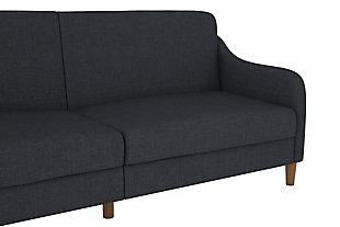 Offering style, comfort and functionality, this futon is the optimal solution to small space living. The sublime minimalistic design is showcased through natural linen upholstery, gracefully wing-shaped armrests and tapered wood legs for added warmth. The thick encased coil and foam cushions provide supreme comfort for long hours of relaxation. Designed to accommodate multiple positions, this futon easily coverts from a lounger to sleeper, so you can enjoy this masterpiece anytime day or night.Sturdy wood frame | Navy blue linen upholstery | Foam cushions with ultra-supportive, pocketed coils | Rounded wood legs | Holds up to 600 pounds | Assembly required