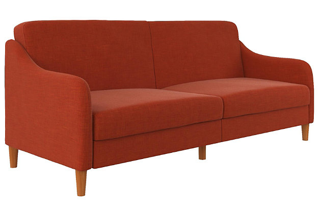 Offering style, comfort and functionality, this futon is the optimal solution to small space living. The sublime minimalistic design is showcased through natural linen upholstery, gracefully wing-shaped armrests and tapered wood legs for added warmth. The thick encased coil and foam cushions provide supreme comfort for long hours of relaxation. Designed to accommodate multiple positions, this futon easily coverts from a lounger to sleeper, so you can enjoy this masterpiece anytime day or night.Sturdy wood frame | Orange linen upholstery | Foam cushions with ultra-supportive, pocketed coils | Rounded wood legs | Holds up to 600 pounds | Assembly required