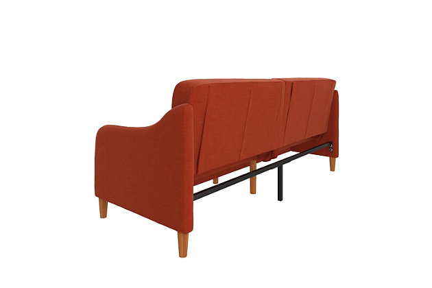 Offering style, comfort and functionality, this futon is the optimal solution to small space living. The sublime minimalistic design is showcased through natural linen upholstery, gracefully wing-shaped armrests and tapered wood legs for added warmth. The thick encased coil and foam cushions provide supreme comfort for long hours of relaxation. Designed to accommodate multiple positions, this futon easily coverts from a lounger to sleeper, so you can enjoy this masterpiece anytime day or night.Sturdy wood frame | Orange linen upholstery | Foam cushions with ultra-supportive, pocketed coils | Rounded wood legs | Holds up to 600 pounds | Assembly required