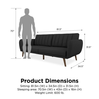 Be embraced by the comfortable cushioning of the Novogratz Brittany linen futon. With its ribbed tufted cushioned back, the Novogratz Brittany Linen futon gives your body all the support you need to sit and relax for hours. The combination of curved armrests and slanted legs work together to provide a unique rounded look that stands out. The linen upholstery adds another element of elegance making this a perfect statement piece for any living space.Stylish linen upholstery wipes clean easily | Ribbed tufted cushioned back with slanted oak coloured wooden legs | Sturdy wood frame construction that is stable and durable | Comfortable polyester and foam filling