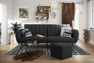 Be embraced by the comfortable cushioning of the Novogratz Brittany linen futon. With its ribbed tufted cushioned back, the Novogratz Brittany Linen futon gives your body all the support you need to sit and relax for hours. The combination of curved armrests and slanted legs work together to provide a unique rounded look that stands out. The linen upholstery adds another element of elegance ma this a perfect statement piece for any living space.Stylish linen upholstery wipes clean easily | Ribbed tufted cushioned back with slanted oak coloured wooden legs | Sturdy wood frame construction that is stable and durable | Comfortable polyester and foam filling