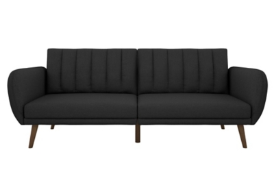 Be embraced by the comfortable cushioning of the Novogratz Brittany linen futon. With its ribbed tufted cushioned back, the Novogratz Brittany Linen futon gives your body all the support you need to sit and relax for hours. The combination of curved armrests and slanted legs work together to provide a unique rounded look that stands out. The linen upholstery adds another element of elegance making this a perfect statement piece for any living space.Stylish linen upholstery wipes clean easily | Ribbed tufted cushioned back with slanted oak coloured wooden legs | Sturdy wood frame construction that is stable and durable | Comfortable polyester and foam filling