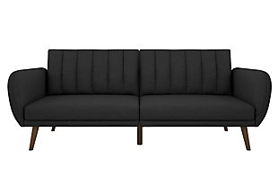 Be embraced by the comfortable cushioning of the Novogratz Brittany linen futon. With its ribbed tufted cushioned back, the Novogratz Brittany Linen futon gives your body all the support you need to sit and relax for hours. The combination of curved armrests and slanted legs work together to provide a unique rounded look that stands out. The linen upholstery adds another element of elegance making this a perfect statement piece for any living space.Stylish linen upholstery wipes clean easily | Ribbed tufted cushioned back with slanted oak coloured wooden legs | Sturdy wood frame construction that is stable and durable | Comfortable polyester and foam filling