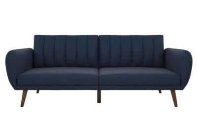 Be embraced by the comfortable cushioning of the Novogratz Brittany linen futon. With its ribbed tufted cushioned back, the Novogratz Brittany Linen futon gives your body all the support you need to sit and relax for hours. The combination of curved armrests and slanted legs work together to provide a unique rounded look that stands out. The linen upholstery adds another element of elegance making this a perfect statement piece for any living space.Stylish linen upholstery wipes clean easily | Ribbed tufted cushioned back | Sturdy wood frame construction | Slanted oak coloured wooden legs