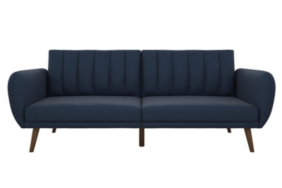 Be embraced by the comfortable cushioning of the Novogratz Brittany linen futon. With its ribbed tufted cushioned back, the Novogratz Brittany Linen futon gives your body all the support you need to sit and relax for hours. The combination of curved armrests and slanted legs work together to provide a unique rounded look that stands out. The linen upholstery adds another element of elegance making this a perfect statement piece for any living space.Stylish linen upholstery wipes clean easily | Ribbed tufted cushioned back | Sturdy wood frame construction | Slanted oak coloured wooden legs