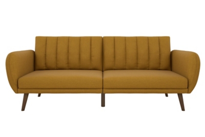 Be embraced by the comfortable cushioning of the Novogratz Brittany linen futon. With its ribbed tufted cushioned back, the Novogratz Brittany Linen futon gives your body all the support you need to sit and relax for hours. The combination of curved armrests and slanted legs work together to provide a unique rounded look that stands out. The linen upholstery adds another element of elegance making this a perfect statement piece for any living space.Stylish linen upholstery wipes clean easily | Ribbed tufted cushioned back with slanted oak coloured wooden legs | Sturdy wood frame construction that is stable and durable | Comfortable polyester and foam filling