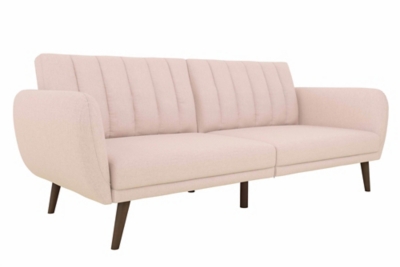 Be embraced by the comfortable cushioning of the Novogratz Brittany linen futon. With its ribbed tufted cushioned back, the Novogratz Brittany Linen futon gives your body all the support you need to sit and relax for hours. The combination of curved armrests and slanted legs work together to provide a unique rounded look that stands out. The linen upholstery adds another element of elegance making this a perfect statement piece for any living space.Stylish linen upholstery wipes clean easily | Ribbed tufted cushioned back with slanted oak coloured wooden legs | Sturdy wood frame construction that is stable and durable | Comfortable polyester and foam filling