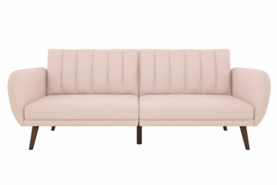 Be embraced by the comfortable cushioning of the Novogratz Brittany linen futon. With its ribbed tufted cushioned back, the Novogratz Brittany Linen futon gives your body all the support you need to sit and relax for hours. The combination of curved armrests and slanted legs work together to provide a unique rounded look that stands out. The linen upholstery adds another element of elegance making this a perfect statement piece for any living space.Stylish linen upholstery wipes clean easily | Ribbed tufted cushioned back with slanted oak coloured wooden legs | Sturdy wood frame construction that is stable and durable | Comfortable polyester and foam filling