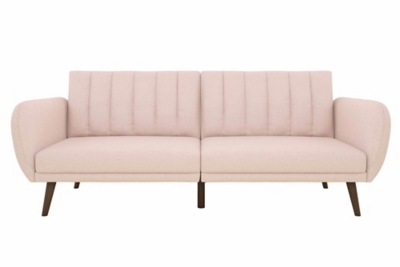 Be embraced by the comfortable cushioning of the Novogratz Brittany linen futon. With its ribbed tufted cushioned back, the Novogratz Brittany Linen futon gives your body all the support you need to sit and relax for hours. The combination of curved armrests and slanted legs work together to provide a unique rounded look that stands out. The linen upholstery adds another element of elegance making this a perfect statement piece for any living space.Stylish linen upholstery wipes clean easily | Ribbed tufted cushioned back with slanted oak coloured wooden legs | Sturdy wood frame construction that is stable and durable | Comfortable polyester and foam filling