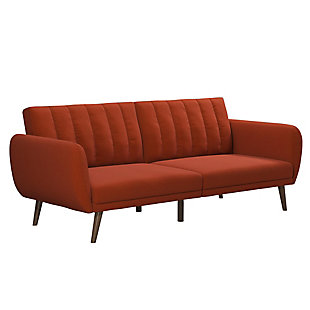 Be embraced by the comfortable cushioning of the Novogratz Brittany linen futon. With its ribbed tufted cushioned back, the Novogratz Brittany Linen futon gives your body all the support you need to sit and relax for hours. The combination of curved armrests and slanted legs work together to provide a unique rounded look that stands out. The linen upholstery adds another element of elegance making this a perfect statement piece for any living space.Stylish linen upholstery wipes clean easily | Ribbed tufted cushioned back with slanted oak coloured wooden legs | Sturdy wood frame construction that is stable and durable | Comfortable polyester and foam filling. Available in multiple colors
