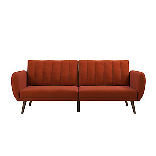 Be embraced by the comfortable cushioning of the Novogratz Brittany linen futon. With its ribbed tufted cushioned back, the Novogratz Brittany Linen futon gives your body all the support you need to sit and relax for hours. The combination of curved armrests and slanted legs work together to provide a unique rounded look that stands out. The linen upholstery adds another element of elegance making this a perfect statement piece for any living space.Stylish linen upholstery wipes clean easily | Ribbed tufted cushioned back with slanted oak coloured wooden legs | Sturdy wood frame construction that is stable and durable | Comfortable polyester and foam filling. Available in multiple colors
