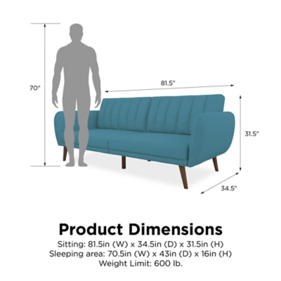 Be embraced by the comfortable cushioning of the Novogratz Brittany linen futon. With its ribbed tufted cushioned back, the Novogratz Brittany Linen futon gives your body all the support you need to sit and relax for hours. The combination of curved armrests and slanted legs work together to provide a unique rounded look that stands out. The linen upholstery adds another element of elegance making this a perfect statement piece for any living space.Stylish linen upholstery wipes clean easily | Ribbed tufted cushioned back with slanted oak coloured wooden legs | Sturdy wood frame construction that is stable and durable | Comfortable polyester and foam filling