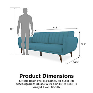 Be embraced by the comfortable cushioning of the Novogratz Brittany linen futon. With its ribbed tufted cushioned back, the Novogratz Brittany Linen futon gives your body all the support you need to sit and relax for hours. The combination of curved armrests and slanted legs work together to provide a unique rounded look that stands out. The linen upholstery adds another element of elegance making this a perfect statement piece for any living space.Stylish linen upholstery wipes clean easily | Ribbed tufted cushioned back with slanted oak coloured wooden legs | Sturdy wood frame construction that is stable and durable | Comfortable polyester and foam filling