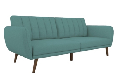 Be embraced by the comfortable cushioning of the Novogratz Brittany linen futon. With its ribbed tufted cushioned back, the Novogratz Brittany Linen futon gives your body all the support you need to sit and relax for hours. The combination of curved armrests and slanted legs work together to provide a unique rounded look that stands out. The linen upholstery adds another element of elegance making this a perfect statement piece for any living space.Stylish linen upholstery wipes clean easily | Ribbed tufted cushioned back with slanted oak coloured wooden legs | Sturdy wood frame construction that is stable and durable | Comfortable polyester and foam filling