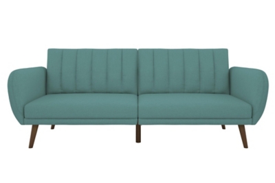 Be embraced by the comfortable cushioning of the Novogratz Brittany linen futon. With its ribbed tufted cushioned back, the Novogratz Brittany Linen futon gives your body all the support you need to sit and relax for hours. The combination of curved armrests and slanted legs work together to provide a unique rounded look that stands out. The linen upholstery adds another element of elegance making this a perfect statement piece for any living space.Stylish linen upholstery wipes clean easily | Ribbed tufted cushioned back with slanted oak coloured wooden legs | Sturdy wood frame construction that is stable and durable | Comfortable polyester and foam filling