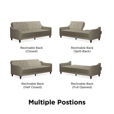 The Novogratz Vintage Tufted Split Back Futon is the best way to make a style statement in your home! In fact, this sofa does everything for you. Made with a robust wooden frame, its elegant design pops in adventurous colors that will make sure to leave a lasting impression. The split-back feature is ideal when looking for functionality: it can be independently reclined to multiple positions, which allows you to sit, lounge and even sleep! Upholstered in soft velvet with diamond-tufted seat, cushion and arms, it has Victorian style legs that add the last touch. Pair it with the Novogratz Vintage Tufted armchair and/or ottoman to achieve a complete look and bring on the fun!Elegant vintage design with delicate wing back arms and victorian-style legs | Made with a robust wooden frame and upholstered in soft velvet with diamond-tufted seat, cushion and arms | Split-back can be independently reclined to multiple positions. Perfect for sitting, lounging, and sleeping | Back legs provide additional support in sleep position and stow away when the futon is in sitting position
