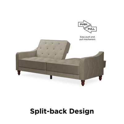 The Novogratz Vintage Tufted Split Back Futon is the best way to make a style statement in your home! In fact, this sofa does everything for you. Made with a robust wooden frame, its elegant design pops in adventurous colors that will make sure to leave a lasting impression. The split-back feature is ideal when looking for functionality: it can be independently reclined to multiple positions, which allows you to sit, lounge and even sleep! Upholstered in soft velvet with diamond-tufted seat, cushion and arms, it has Victorian style legs that add the last touch. Pair it with the Novogratz Vintage Tufted armchair and/or ottoman to achieve a complete look and bring on the fun!Elegant vintage design with delicate wing back arms and victorian-style legs | Made with a robust wooden frame and upholstered in soft velvet with diamond-tufted seat, cushion and arms | Split-back can be independently reclined to multiple positions. Perfect for sitting, lounging, and sleeping | Back legs provide additional support in sleep position and stow away when the futon is in sitting position