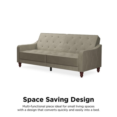 The Novogratz Vintage Tufted Split Back Futon is the best way to make a style statement in your home! In fact, this sofa does everything for you. Made with a robust wooden frame, its elegant design pops in adventurous colors that will make sure to leave a lasting impression. The split-back feature is ideal when looking for functionality: it can be independently reclined to multiple positions, which allows you to sit, lounge and even sleep! Upholstered in soft velvet with diamond-tufted seat, cushion and arms, it has Victorian style legs that add the last touch. Pair it with the Novogratz Vintage Tufted armchair and/or ottoman to achieve a complete look and bring on the fun!Elegant vintage design with delicate wing back arms and victorian-style legs | Made with a robust wooden frame and upholstered in soft velvet with diamond-tufted seat, cushion and arms | Split-back can be independently reclined to multiple positions. Perfect for sitting, lounging, and sleeping | Back legs provide additional support in sleep position and stow away when the futon is in sitting position