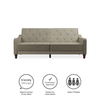 The Novogratz Vintage Tufted Split Back Futon is the best way to make a style statement in your home! In fact, this sofa does everything for you. Made with a robust wooden frame, its elegant design pops in adventurous colors that will make sure to leave a lasting impression. The split-back feature is ideal when looking for functionality: it can be independently reclined to multiple positions, which allows you to sit, lounge and even sleep! Upholstered in soft velvet with diamond-tufted seat, cushion and arms, it has Victorian style legs that add the last touch. Pair it with the Novogratz Vintage Tufted armchair and/or ottoman to achieve a complete look and bring on the fun!Elegant vintage design with delicate wing back arms and victorian-style legs | Made with a robust wooden frame and upholstered in soft velvet with diamond-tufted seat, cushion and arms | Split-back can be independently reclined to multiple positions. Perfect for sitting, lounging, and sleeping | Back legs provide additional support in sleep position and stow away when the futon is in sitting position