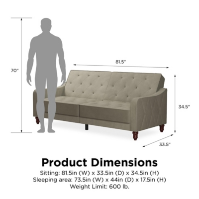 The Novogratz Vintage Tufted Split Back Futon is the best way to make a style statement in your home! In fact, this sofa does everything for you. Made with a robust wooden frame, its elegant design pops in adventurous colors that will make sure to leave a lasting impression. The split-back feature is ideal when looking for functionality: it can be independently reclined to multiple positions, which allows you to sit, lounge and even sleep! Upholstered in soft velvet with diamond-tufted seat, cushion and arms, it has Victorian style legs that add the last touch. Pair it with the Novogratz Vintage Tufted armchair and/or ottoman to achieve a complete look and bring on the fun!Elegant vintage design with delicate wing back arms and victorian-style legs | Made with a robust wooden frame and upholstered in soft velvet with diamond-tufted seat, cushion and arms | Split-back can be independently reclined to multiple positions. Perfect for sitting, lounging, and sleeping | Back legs provide additional support in sleep position and stow away when the futon is in sitting position