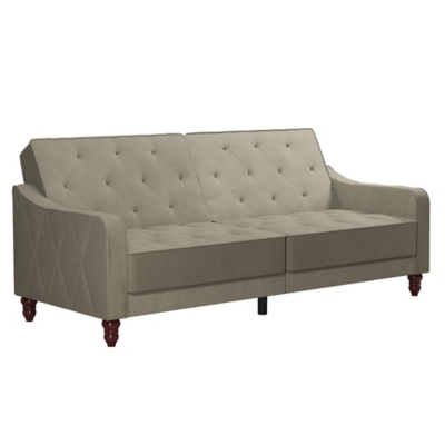 The Novogratz Vintage Tufted Split Back Futon is the best way to make a style statement in your home! In fact, this sofa does everything for you. Made with a robust wooden frame, its elegant design pops in adventurous colors that will make sure to leave a lasting impression. The split-back feature is ideal when looking for functionality: it can be independently reclined to multiple positions, which allows you to sit, lounge and even sleep! Upholstered in soft velvet with diamond-tufted seat, cushion and arms, it has Victorian style legs that add the last touch. Pair it with the Novogratz Vintage Tufted armchair and/or ottoman to achieve a complete look and bring on the fun!Elegant vintage design with delicate wing back arms and victorian-style legs | Made with a robust wooden frame and upholstered in soft velvet with diamond-tufted seat, cushion and arms | Split-back can be independently reclined to multiple positions. Perfect for sitting, lounging, and sleeping | Back legs provide additional support in sleep position and stow away when the futon is in sitting position