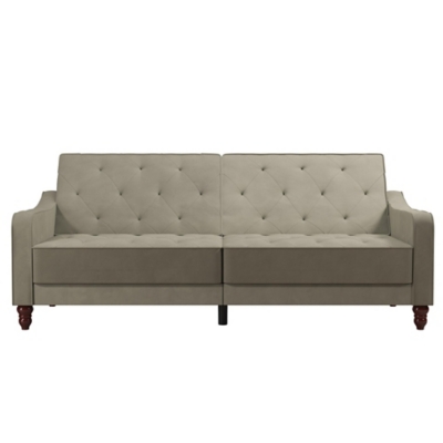 The Novogratz Vintage Tufted Split Back Futon is the best way to make a style statement in your home! In fact, this sofa does everything for you. Made with a robust wooden frame, its elegant design pops in adventurous colors that will make sure to leave a lasting impression. The split-back feature is ideal when looking for functionality: it can be independently reclined to multiple positions, which allows you to sit, lounge and even sleep! Upholstered in soft velvet with diamond-tufted seat, cushion and arms, it has Victorian style legs that add the last touch. Pair it with the Novogratz Vintage Tufted armchair and/or ottoman to achieve a complete look and bring on the fun!Elegant vintage design with delicate wing back arms and victorian-style legs | Made with a robust wooden frame and upholstered in soft velvet with diamond-tufted seat, cushion and arms | Split-back can be independently reclined to multiple positions. Perfect for sitting, lounging, and sleeping | Back legs provide additional support in sleep position and stow away when the futon is in sitting position