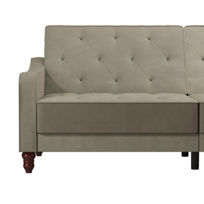 The Novogratz Vintage Tufted Split Back Futon is the best way to make a style statement in your home! In fact, this sofa does everything for you. Made with a robust wooden frame, its elegant design pops in adventurous colors that will make sure to leave a lasting impression. The split-back feature is ideal when looking for functionality: it can be independently reclined to multiple positions, which allows you to sit, lounge and even sleep! Upholstered in soft velvet with diamond-tufted seat, cushion and arms, it has Victorian style legs that add the last touch. Pair it with the Novogratz Vintage Tufted armchair and/or ottoman to achieve a complete look and bring on the fun!Elegant vintage design with delicate wing back arms and victorian-style legs | Made with a robust wooden frame and upholstered in soft velvet with diamond-tufted seat, cushion and arms | Split-back can be independently reclined to multiple positions. Perfect for sitting, lounging, and sleeping | Back legs provide additional support in sleep position and stow away when the futon is in sitting position