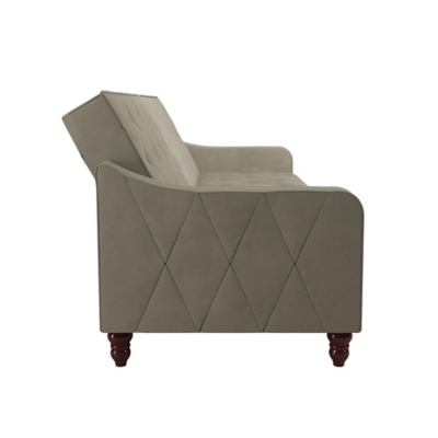 The Novogratz Vintage Tufted Split Back Futon is the best way to make a style statement in your home! In fact, this sofa does everything for you. Made with a robust wooden frame, its elegant design pops in adventurous colors that will make sure to leave a lasting impression. The split-back feature is ideal when looking for functionality: it can be independently reclined to multiple positions, which allows you to sit, lounge and even sleep! Upholstered in soft velvet with diamond-tufted seat, cushion and arms, it has Victorian style legs that add the last touch. Pair it with the Novogratz Vintage Tufted armchair and/or ottoman to achieve a complete look and bring on the fun!Elegant vintage design with delicate wing back arms and victorian-style legs | Made with a robust wooden frame and upholstered in soft velvet with diamond-tufted seat, cushion and arms | Split-back can be independently reclined to multiple positions. Perfect for sitting, lounging, and sleeping | Back legs provide additional support in sleep position and stow away when the futon is in sitting position