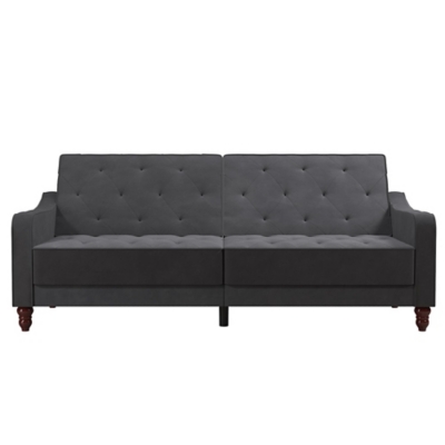 The Novogratz Vintage Tufted Split Back Futon is the best way to make a style statement in your home! In fact, this sofa does everything for you. Made with a robust wooden frame, its elegant design pops in adventurous colors that will make sure to leave a lasting impression. The split-back feature is ideal when looking for functionality: it can be independently reclined to multiple positions, which allows you to sit, lounge and even sleep! Upholstered in soft velvet with diamond-tufted seat, cushion and arms, it has Victorian style legs that add the last touch. Pair it with the Novogratz Vintage Tufted armchair and/or ottoman to achieve a complete look and bring on the fun!Elegant vintage design with delicate wing back arms and victorian-style legs | Made with a robust wooden frame and upholstered in soft velvet with diamond-tufted seat, cushion and arms | Split-back can be independently reclined to multiple positions. Perfect for sitting, lounging, and sleeping | Back legs provide additional support in sleep position and stow away when the futon is in sitting position