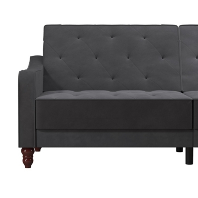 The Novogratz Vintage Tufted Split Back Futon is the best way to make a style statement in your home! In fact, this sofa does everything for you. Made with a robust wooden frame, its elegant design pops in adventurous colors that will make sure to leave a lasting impression. The split-back feature is ideal when looking for functionality: it can be independently reclined to multiple positions, which allows you to sit, lounge and even sleep! Upholstered in soft velvet with diamond-tufted seat, cushion and arms, it has Victorian style legs that add the last touch. Pair it with the Novogratz Vintage Tufted armchair and/or ottoman to achieve a complete look and bring on the fun!Elegant vintage design with delicate wing back arms and victorian-style legs | Made with a robust wooden frame and upholstered in soft velvet with diamond-tufted seat, cushion and arms | Split-back can be independently reclined to multiple positions. Perfect for sitting, lounging, and sleeping | Back legs provide additional support in sleep position and stow away when the futon is in sitting position