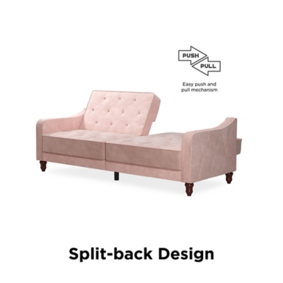 The Novogratz Vintage Tufted Split Back Futon is the best way to make a style statement in your home! In fact, this sofa does everything for you. Made with a robust wooden frame, its elegant design pops in adventurous colors that will make sure to leave a lasting impression. The split-back feature is ideal when looking for functionality: it can be independently reclined to multiple positions, which allows you to sit, lounge and even sleep! Upholstered in soft velvet with diamond-tufted seat, cushion and arms, it has Victorian style legs that add the last touch. Pair it with the Novogratz Vintage Tufted armchair and/or ottoman to achieve a complete look and bring on the fun!Elegant vintage design with delicate wing back arms and victorian-style legs | Made with a robust wooden frame and upholstered in soft velvet with diamond-tufted seat, cushion and arms | Split-back can be independently reclined to multiple positions. Perfect for sitting, lounging, and sleeping | Back legs provide additional support in sleep position and stow away when the futon is in sitting position