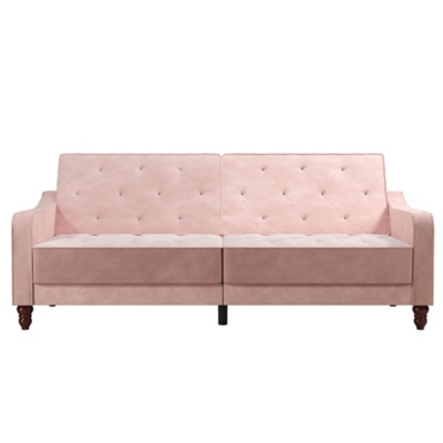 The Novogratz Vintage Tufted Split Back Futon is the best way to make a style statement in your home! In fact, this sofa does everything for you. Made with a robust wooden frame, its elegant design pops in adventurous colors that will make sure to leave a lasting impression. The split-back feature is ideal when looking for functionality: it can be independently reclined to multiple positions, which allows you to sit, lounge and even sleep! Upholstered in soft velvet with diamond-tufted seat, cushion and arms, it has Victorian style legs that add the last touch. Pair it with the Novogratz Vintage Tufted armchair and/or ottoman to achieve a complete look and bring on the fun!Elegant vintage design with delicate wing back arms and victorian-style legs | Made with a robust wooden frame and upholstered in soft velvet with diamond-tufted seat, cushion and arms | Split-back can be independently reclined to multiple positions. Perfect for sitting, lounging, and sleeping | Back legs provide additional support in sleep position and stow away when the futon is in sitting position