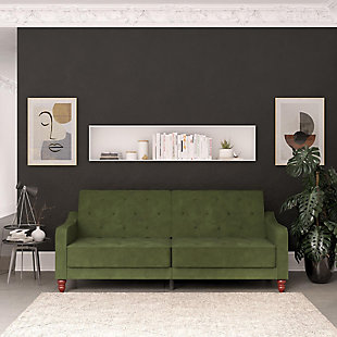 The Novogratz Vintage Tufted Split Back Futon is the best way to make a style statement in your home! In fact, this sofa does everything for you. Made with a robust wooden frame, its elegant design pops in adventurous colors that will make sure to leave a lasting impression. The split-back feature is ideal when looking for functionality: it can be independently reclined to multiple positions, which allows you to sit, lounge and even sleep! Upholstered in soft velvet with diamond-tufted seat, cushion and arms, it has Victorian style legs that add the last touch. Pair it with the Novogratz Vintage Tufted armchair and/or ottoman to achieve a complete look and bring on the fun!Elegant vintage design with delicate wing back arms and victorian-style legs | Made with a robust wooden frame and upholstered in soft velvet with diamond-tufted seat, cushion and arms | Split-back can be independently reclined to multiple positions. Perfect for sitting, lounging, and sleeping | Back legs provide additional support in sleep position and stow away when the futon is in sitting position