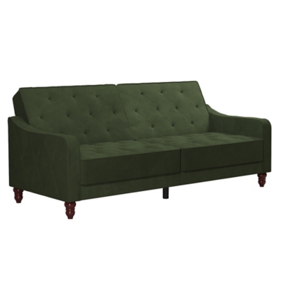 The Novogratz Vintage Tufted Split Back Futon is the best way to make a style statement in your home! In fact, this sofa does everything for you. Made with a robust wooden frame, its elegant design pops in adventurous colors that will make sure to leave a lasting impression. The split-back feature is ideal when looking for functionality: it can be independently reclined to multiple positions, which allows you to sit, lounge and even sleep! Upholstered in soft velvet with diamond-tufted seat, cushion and arms, it has Victorian style legs that add the last touch. Pair it with the Novogratz Vintage Tufted armchair and/or ottoman to achieve a complete look and bring on the fun!Elegant vintage design with delicate wing back arms and victorian-style legs | Made with a robust wooden frame and upholstered in soft velvet with diamond-tufted seat, cushion and arms | Split-back can be independently reclined to multiple positions. Perfect for sitting, lounging, and sleeping | Back legs provide additional support in sleep position and stow away when the futon is in sitting position