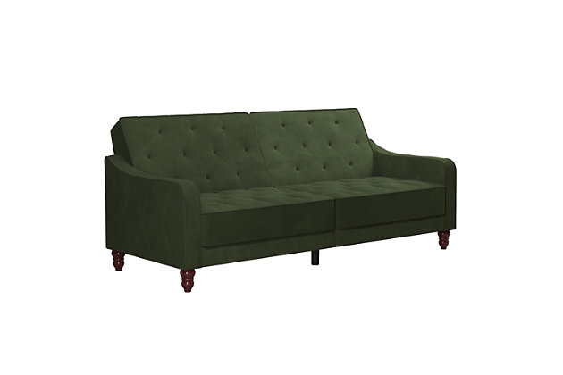 The Novogratz Vintage Tufted Split Back Futon is the best way to make a style statement in your home! In fact, this sofa does everything for you. Made with a robust wooden frame, its elegant design pops in adventurous colors that will make sure to leave a lasting impression. The split-back feature is ideal when looking for functionality: it can be independently reclined to multiple positions, which allows you to sit, lounge and even sleep! Upholstered in soft velvet with diamond-tufted seat, cushion and arms, it has Victorian style legs that add the last touch. Pair it with the Novogratz Vintage Tufted armchair and/or ottoman to achieve a complete look and bring on the fun!Elegant vintage design with delicate wing back arms and victorian-style legs | Made with a robust wooden frame and upholstered in soft velvet with diamond-tufted seat, cushion and arms | Split-back can be independently reclined to multiple positions. Perfect for sitting, lounging, and sleeping | Back legs provide additional support in sleep position and stow away when the futon is in sitting position