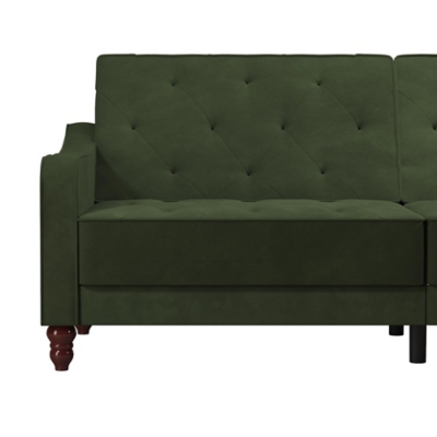 The Novogratz Vintage Tufted Split Back Futon is the best way to make a style statement in your home! In fact, this sofa does everything for you. Made with a robust wooden frame, its elegant design pops in adventurous colors that will make sure to leave a lasting impression. The split-back feature is ideal when looking for functionality: it can be independently reclined to multiple positions, which allows you to sit, lounge and even sleep! Upholstered in soft velvet with diamond-tufted seat, cushion and arms, it has Victorian style legs that add the last touch. Pair it with the Novogratz Vintage Tufted armchair and/or ottoman to achieve a complete look and bring on the fun!Elegant vintage design with delicate wing back arms and victorian-style legs | Made with a robust wooden frame and upholstered in soft velvet with diamond-tufted seat, cushion and arms | Split-back can be independently reclined to multiple positions. Perfect for sitting, lounging, and sleeping | Back legs provide additional support in sleep position and stow away when the futon is in sitting position