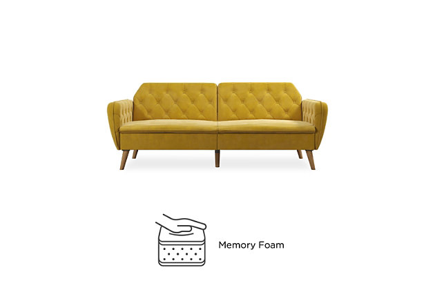 The Novogratz Tallulah Memory Foam Futon is exactly what you need and more! Bringing elegance and sophistication into your home with its vintage silhouette, rounded lines and button-tufted details. Designed with a soft velvet upholstery, this piece of furniture is both compact and multi-functional. Made with a sturdy wood frame, the Tallulah Memory Foam Futon is designed to offer nothing but superior comfort! The seat cushions are filled with high-density foam and responsive memory foam that will cradle your body to help relieve pressure points while you are watching TV or taking a much needed afternoon nap. The backrest features a split-back design that can be independently reclined to convert between multiple positions: sitting, lounging and sleeping. In other words, this means that you will now have an extra bed for overnight guests! Available in multiple colors, the Novogratz Tallulah Memory Foam Futon is finished with slanted wooden legs to add a last touch of chic style!Classic vintage sofa bed upholstered in velvet with button-tufted arms and back and wooden legs | Made on a sturdy wood frame with filling made of high-density foam and memory foam for ultimate comfort | Convertible couch with multi-functional design ideal for your living room. The back can be reclined to lounge and sleeping position. | Available in blue, grey, green, light green, mustard yellow and pink velvet. Ships in one box and it is easy to assemble.