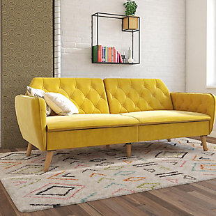 The Novogratz Tallulah Memory Foam Futon is exactly what you need and more! Bringing elegance and sophistication into your home with its vintage silhouette, rounded lines and button-tufted details. Designed with a soft velvet upholstery, this piece of furniture is both compact and multi-functional. Made with a sturdy wood frame, the Tallulah Memory Foam Futon is designed to offer nothing but superior comfort! The seat cushions are filled with high-density foam and responsive memory foam that will cradle your body to help relieve pressure points while you are watching TV or taking a much needed afternoon nap. The backrest features a split-back design that can be independently reclined to convert between multiple positions: sitting, lounging and sleeping. In other words, this means that you will now have an extra bed for overnight guests! Available in multiple colors, the Novogratz Tallulah Memory Foam Futon is finished with slanted wooden legs to add a last touch of chic style!Classic vintage sofa bed upholstered in velvet with button-tufted arms and back and wooden legs | Made on a sturdy wood frame with filling made of high-density foam and memory foam for ultimate comfort | Convertible couch with multi-functional design ideal for your living room. The back can be reclined to lounge and sleeping position. | Available in blue, grey, green, light green, mustard yellow and pink velvet. Ships in one box and it is easy to assemble.
