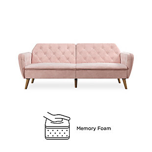 The Novogratz Tallulah Memory Foam Futon is exactly what you need and more! Bringing elegance and sophistication into your home with its vintage silhouette, rounded lines and button-tufted details. Designed with a soft velvet upholstery, this piece of furniture is both compact and multi-functional. Made with a sturdy wood frame, the Tallulah Memory Foam Futon is designed to offer nothing but superior comfort! The seat cushions are filled with high-density foam and responsive memory foam that will cradle your body to help relieve pressure points while you are watching TV or taking a much needed afternoon nap. The backrest features a split-back design that can be independently reclined to convert between multiple positions: sitting, lounging and sleeping. In other words, this means that you will now have an extra bed for overnight guests! Available in multiple colors, the Novogratz Tallulah Memory Foam Futon is finished with slanted wooden legs to add a last touch of chic style!Classic vintage design in velvet upholstery with button-tufted arms and back and wooden legs | Made on a sturdy wood frame with filling made of high-density foam and memory foam for ultimate comfort | Multi-functional design. The back can be reclined to lounging and sleeping position | Available in blue, grey, green and pink velvet. Ships in one box and it is easy to assemble | Tapered wood legs in natural finish | Ideal for sitting, lounging and sleeping | Multi-position back for optimal comfort | Converts easily from sofa to sleeper | Assembly required