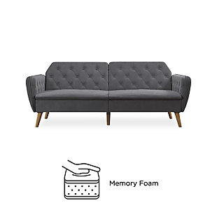 The Novogratz Tallulah Memory Foam Futon is exactly what you need and more! Bringing elegance and sophistication into your home with its vintage silhouette, rounded lines and button-tufted details. Designed with a soft velvet upholstery, this piece of furniture is both compact and multi-functional. Made with a sturdy wood frame, the Tallulah Memory Foam Futon is designed to offer nothing but superior comfort! The seat cushions are filled with high-density foam and responsive memory foam that will cradle your body to help relieve pressure points while you are watching TV or ta a much needed afternoon nap. The backrest features a split-back design that can be independently reclined to convert between multiple positions: sitting, lounging and sleeping. In other words, this means that you will now have an extra bed for overnight guests! Available in multiple colors, the Novogratz Tallulah Memory Foam Futon is finished with slanted wooden legs to add a last touch of chic style!Classic vintage design in velvet upholstery with button-tufted arms and back and wooden legs | Made on a sturdy wood frame with filling made of high-density foam and memory foam for ultimate comfort | Multi-functional design. The back can be reclined to lounging and sleeping position | Available in blue, grey, green and pink velvet. Ships in one box and it is easy to assemble | Tapered wood legs in natural finish | Ideal for sitting, lounging and sleeping | Multi-position back for optimal comfort | Converts easily from sofa to sleeper | Assembly required