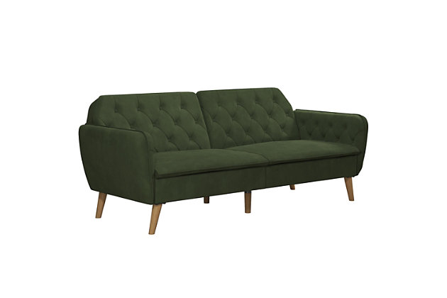 The Novogratz Tallulah Memory Foam Futon is exactly what you need and more! Bringing elegance and sophistication into your home with its vintage silhouette, rounded lines and button-tufted details. Designed with a soft velvet upholstery, this piece of furniture is both compact and multi-functional. Made with a sturdy wood frame, the Tallulah Memory Foam Futon is designed to offer nothing but superior comfort! The seat cushions are filled with high-density foam and responsive memory foam that will cradle your body to help relieve pressure points while you are watching TV or taking a much needed afternoon nap. The backrest features a split-back design that can be independently reclined to convert between multiple positions: sitting, lounging and sleeping. In other words, this means that you will now have an extra bed for overnight guests! Available in multiple colors, the Novogratz Tallulah Memory Foam Futon is finished with slanted wooden legs to add a last touch of chic style!Classic vintage design in velvet upholstery with button-tufted arms and back and wooden legs | Made on a sturdy wood frame with filling made of high-density foam and memory foam for ultimate comfort | Multi-functional design. The back can be reclined to lounging and sleeping position | Available in blue, grey, green and pink velvet. Ships in one box and it is easy to assemble | Tapered wood legs in natural finish | Ideal for sitting, lounging and sleeping | Multi-position back for optimal comfort | Converts easily from sofa to sleeper | Assembly required