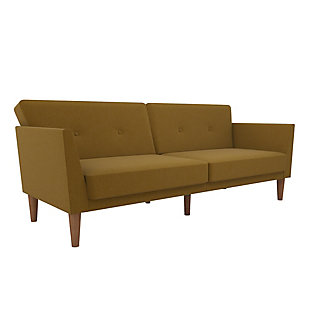 The 1950s are back in a big way, and living rooms across the country are being given a modern twist on the mid-century look that made straight lines and low profiles so popular. The Novogratz futon captures all that and more, with grey linen upholstery, a tufted back, wide winged arms, sleek style, and a wood frame that offers full support. The wood legs round off the look, with extra center legs that provide extra stability. You can also personalize your comfort level thanks to the split back, which allows you and a guest to each sit up or lounge back. Or simply open the Novogratz up into a sleeper sofa for overnight guests to spend the night. We’ve also added padding under the feet to protect your floors. Just add the Novogratz ottoman to really complete the look!Linen upholstery with tufted back and winged arms | Sturdy wood frame with stylish wood legs and padding under the feet to protect your floors from scuffs and scratches | Multi-functional piece ideal for small living spaces. Split back design provides multiple positions of comfort that converts quickly and easily into a lounger and sleeper. | Pair with the matching ottoman for a complete look.