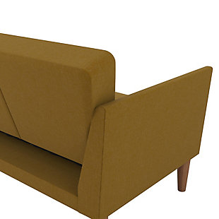 The 1950s are back in a big way, and living rooms across the country are being given a modern twist on the mid-century look that made straight lines and low profiles so popular. The Novogratz futon captures all that and more, with grey linen upholstery, a tufted back, wide winged arms, sleek style, and a wood frame that offers full support. The wood legs round off the look, with extra center legs that provide extra stability. You can also personalize your comfort level thanks to the split back, which allows you and a guest to each sit up or lounge back. Or simply open the Novogratz up into a sleeper sofa for overnight guests to spend the night. We’ve also added padding under the feet to protect your floors. Just add the Novogratz ottoman to really complete the look!Linen upholstery with tufted back and winged arms | Sturdy wood frame with stylish wood legs and padding under the feet to protect your floors from scuffs and scratches | Multi-functional piece ideal for small living spaces. Split back design provides multiple positions of comfort that converts quickly and easily into a lounger and sleeper. | Pair with the matching ottoman for a complete look.